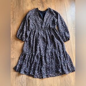 MADEWELL Harvest Vine Navy Floral Faux Wrap Sheer Sleeves Lined Pleated Dress